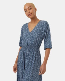 Tentree Store -Tentree Store Blue Raglan Blouson Sleeve Patterned Maxi Dress TCW5973 3339 2