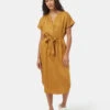 Tentree Tencel Shirt Dress 2 Tentree Tencel Shirt Dress -Tentree Store Brown V Neck Cap Sleeve Belted Midi Dress TCW6081 0061 1