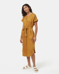 Tentree Tencel Shirt Dress 11 Tentree Tencel Shirt Dress -Tentree Store Brown V Neck Cap Sleeve Belted Midi Dress TCW6081 0061 2