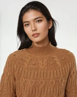 Tentree Highline Pom Mock Neck Sweater -Tentree Store Camel Eco Friendly Mock Neck Knit Sweater TCW5956 3445 3