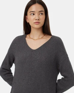 Tentree Highline V-Neck Sweater Dress -Tentree Store grey knit sweater dress TCW5254 0812 3